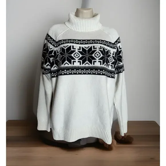 Lands End Sweater-Pullover-Fair Isle Turtleneck-Ivory, Cotton Blend-Medium - Picture 1 of 9